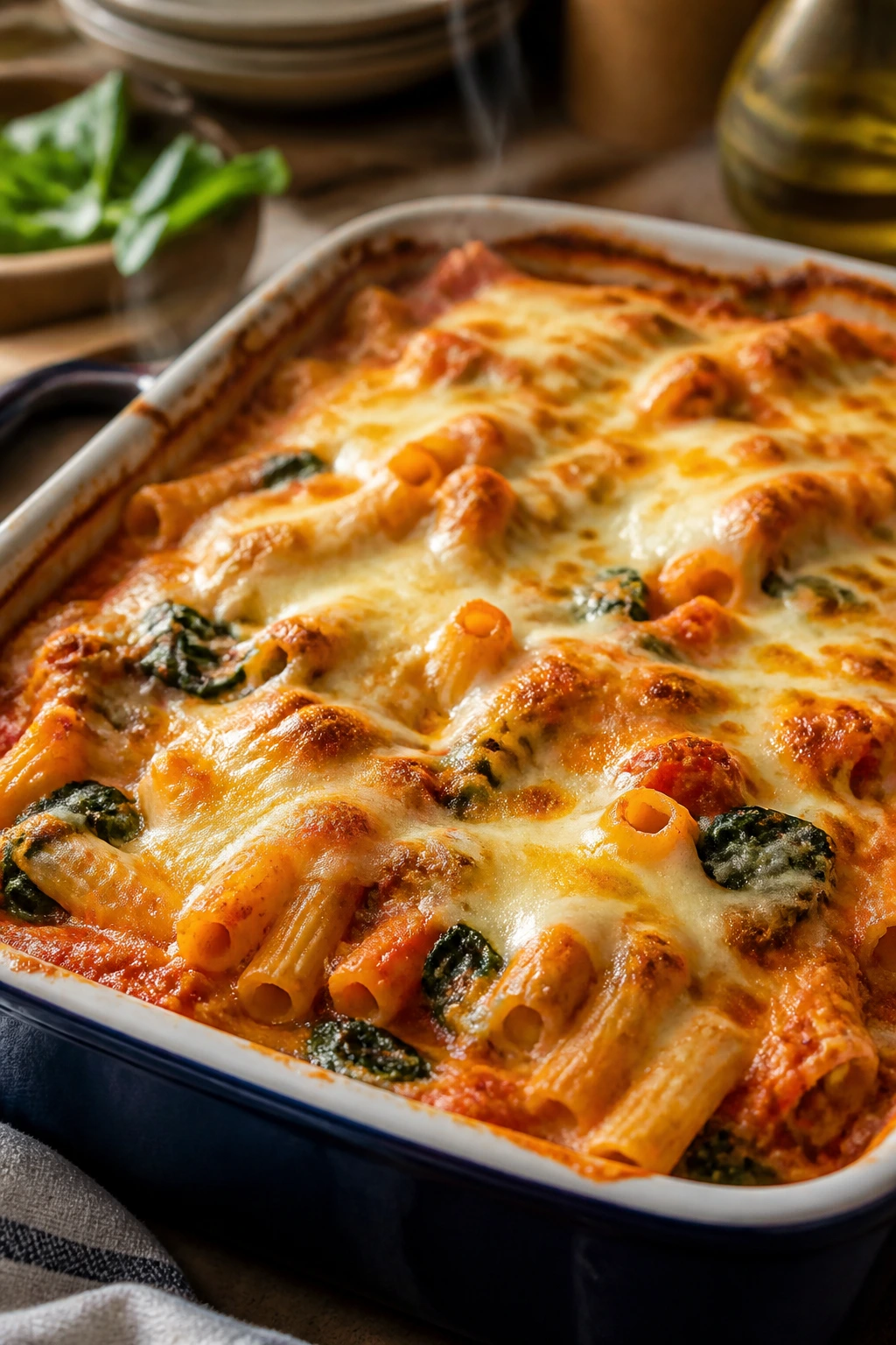 Close-up of baked ziti with mozzarella and spinach in a baking dish.