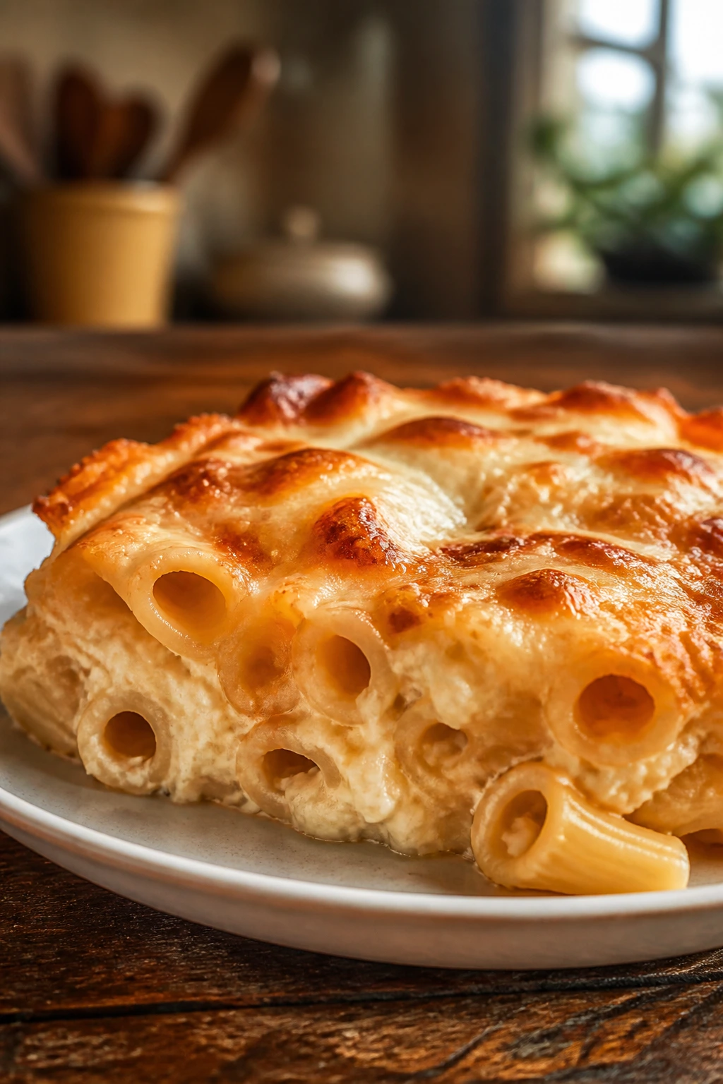 Close-up of creamy baked ziti on a plate