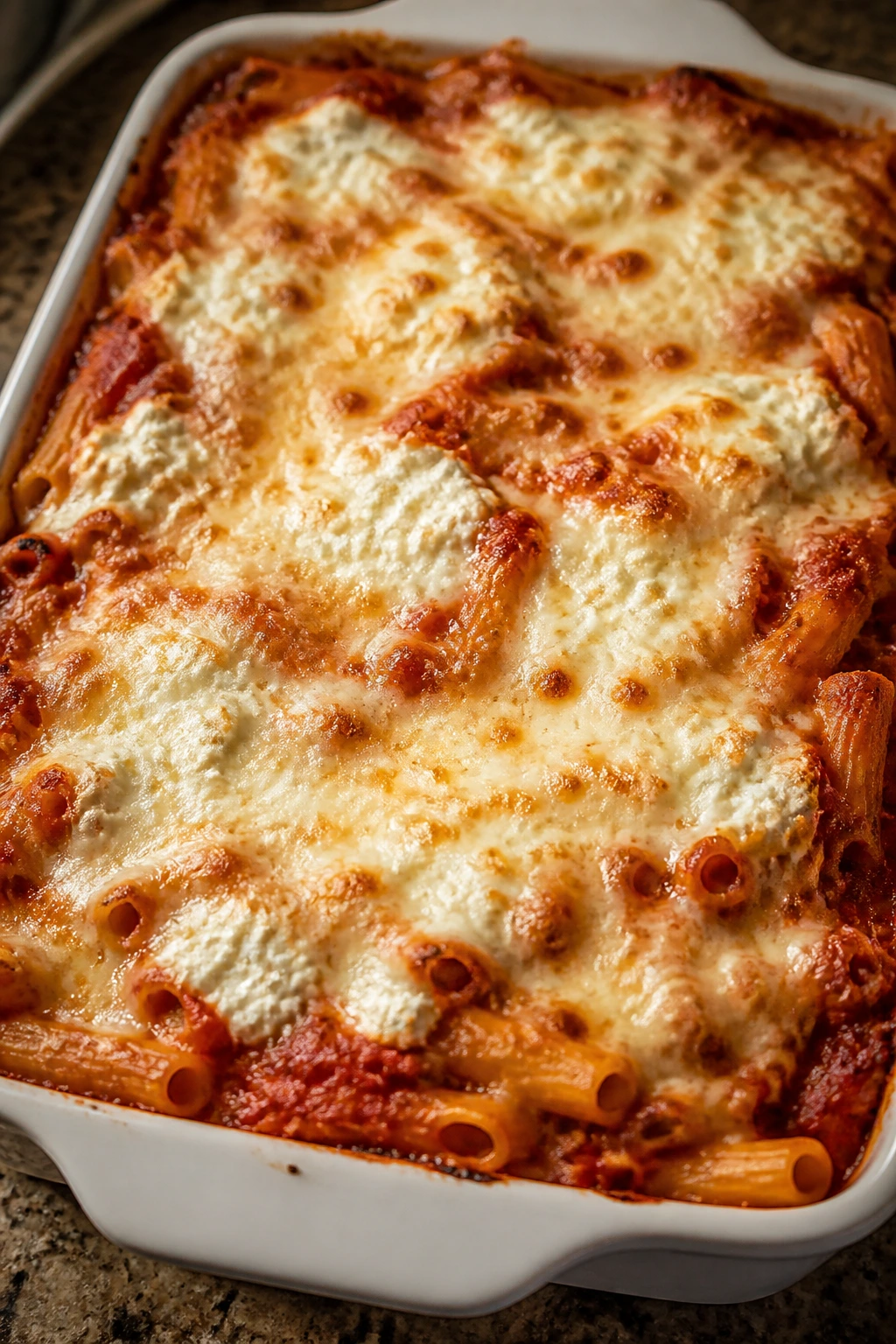 Baked ziti in a 9x13 dish with ricotta and mozzarella