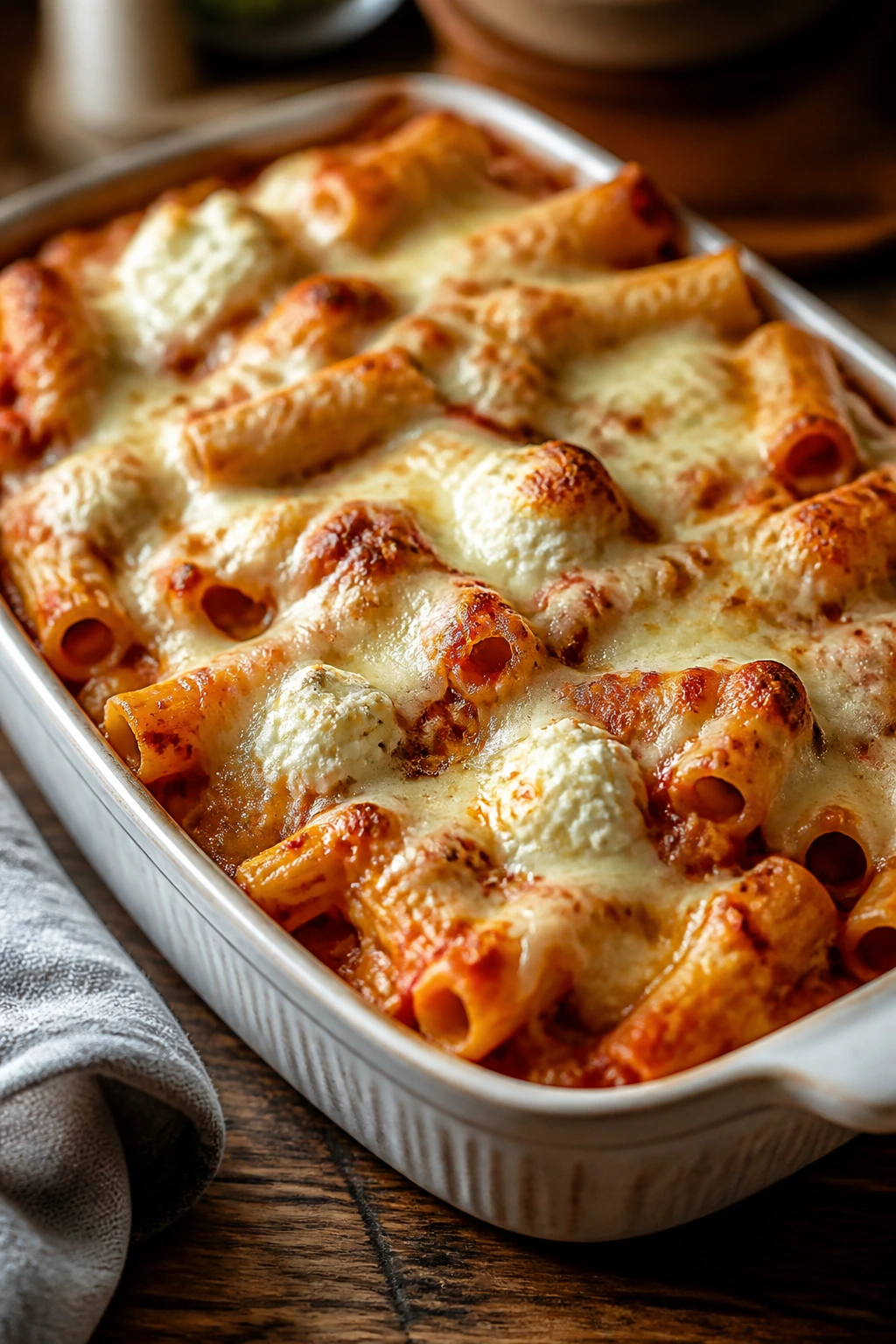 Close-up of baked ziti with ricotta and mozzarella in a baking dish.