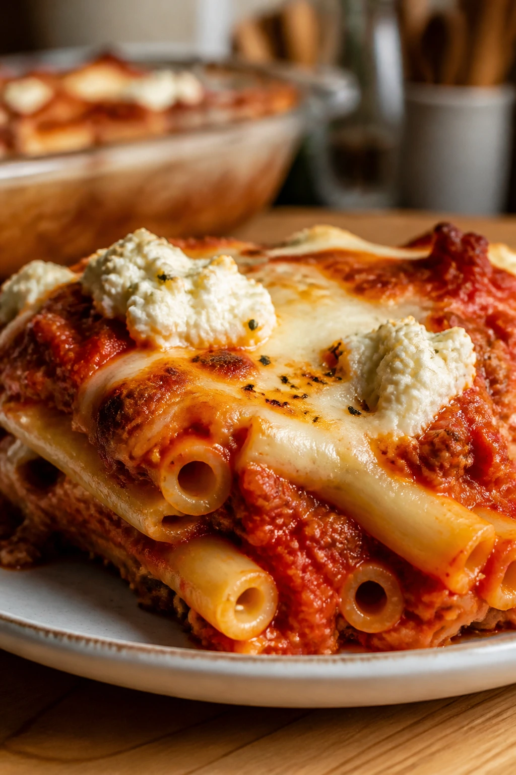 Close-up of baked ziti with ricotta and mozzarella on a plate