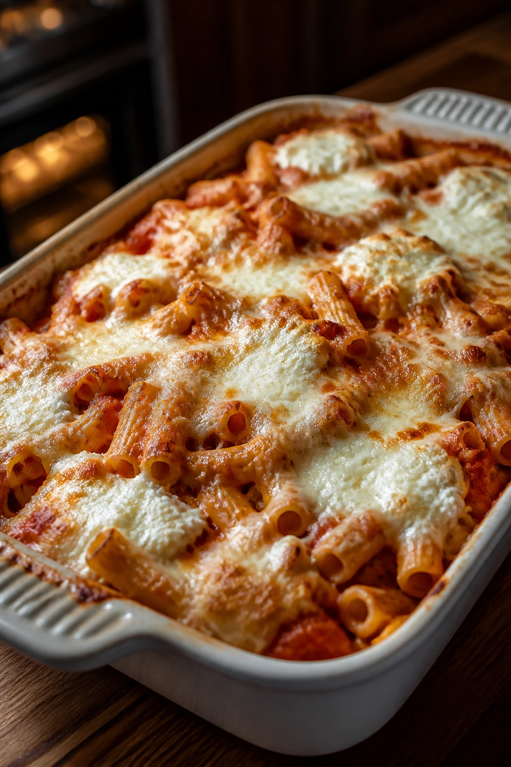 Bubbly baked ziti with ricotta and mozzarella in a baking dish on a kitchen counter