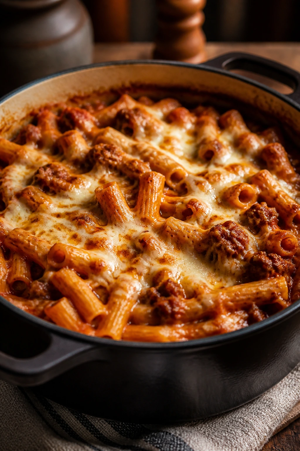 Bubbling baked ziti with sausage in a cast-iron Dutch oven