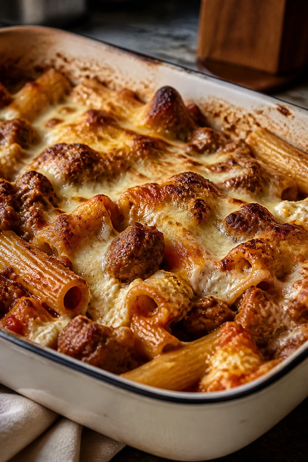 Baked ziti with sausage and melted cheese