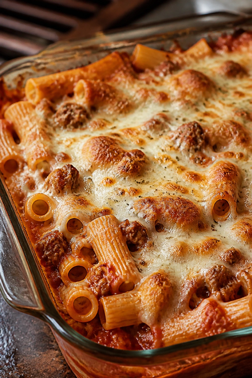Baked sausage ziti bubbling in a glass casserole dish