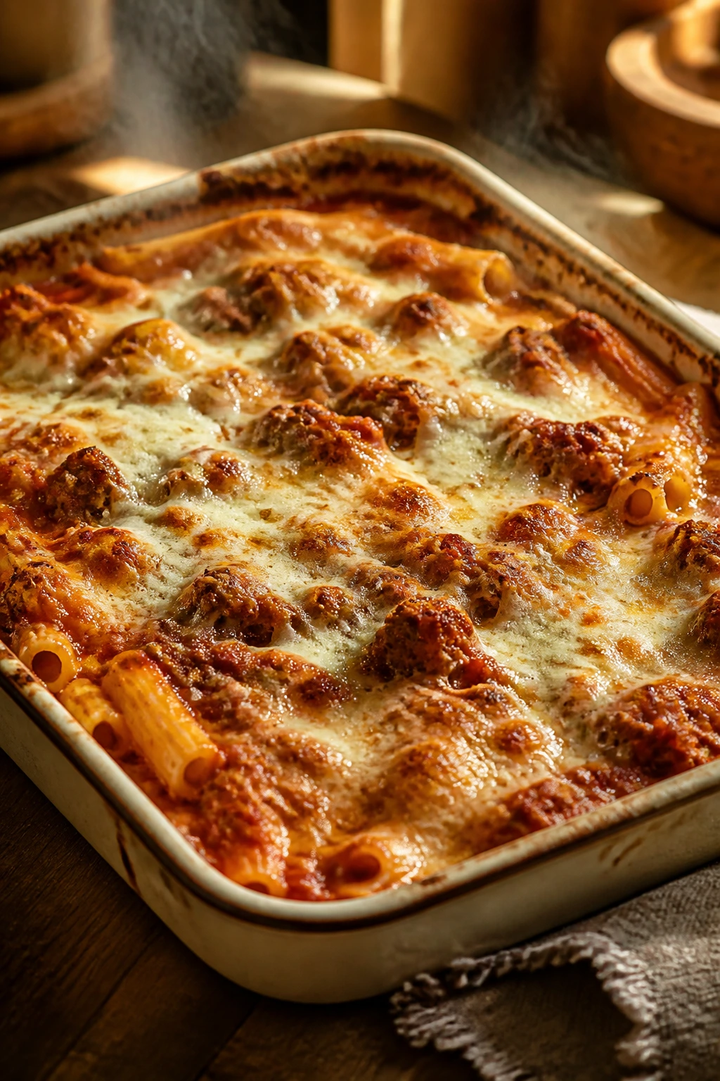Close-up of bubbling baked ziti with sausage, mozzarella, and marinara in a cheese-topped casserole