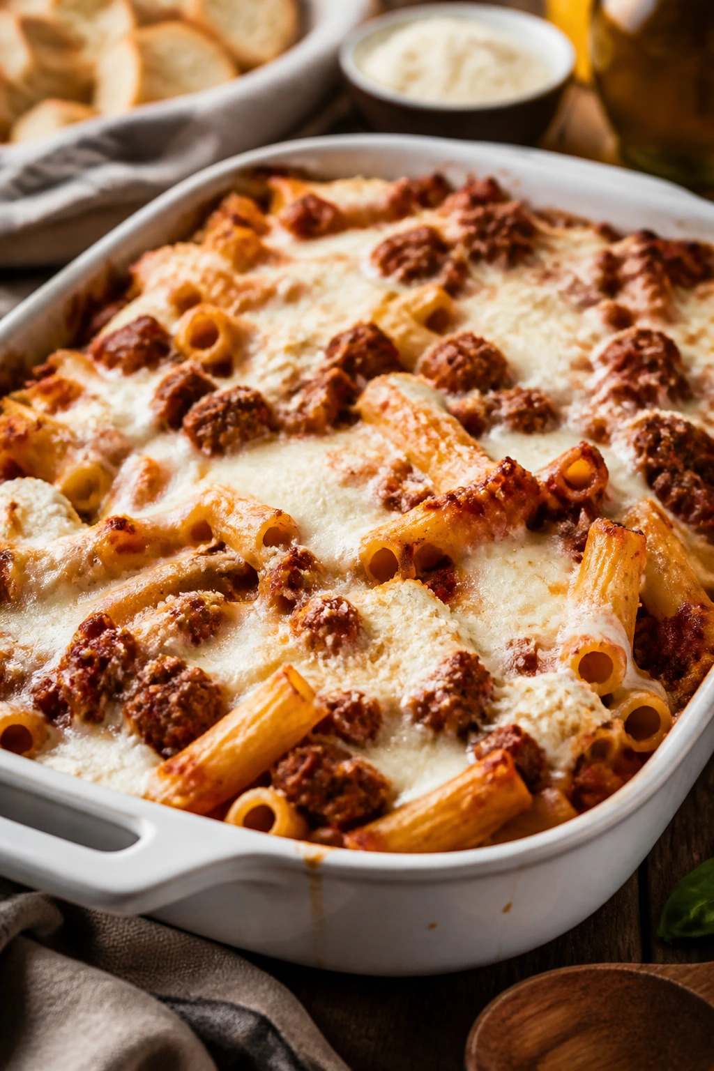 Baked ziti with sausage and three cheeses in a baking dish.