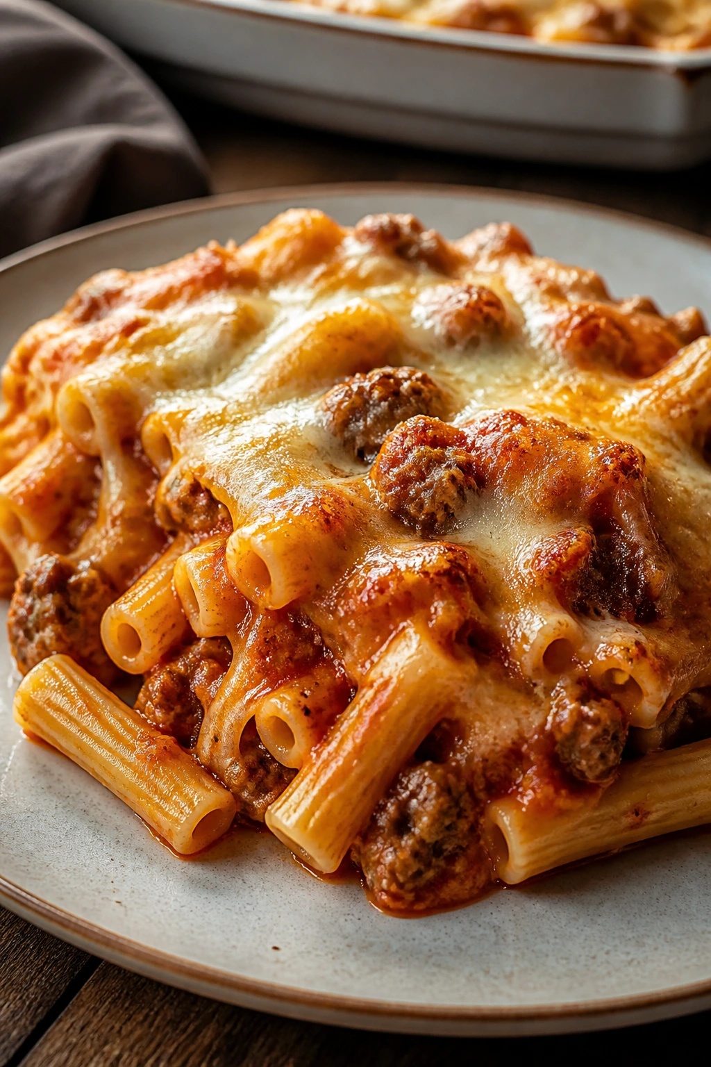 Close-up plate of cheesy baked ziti with mild sausage