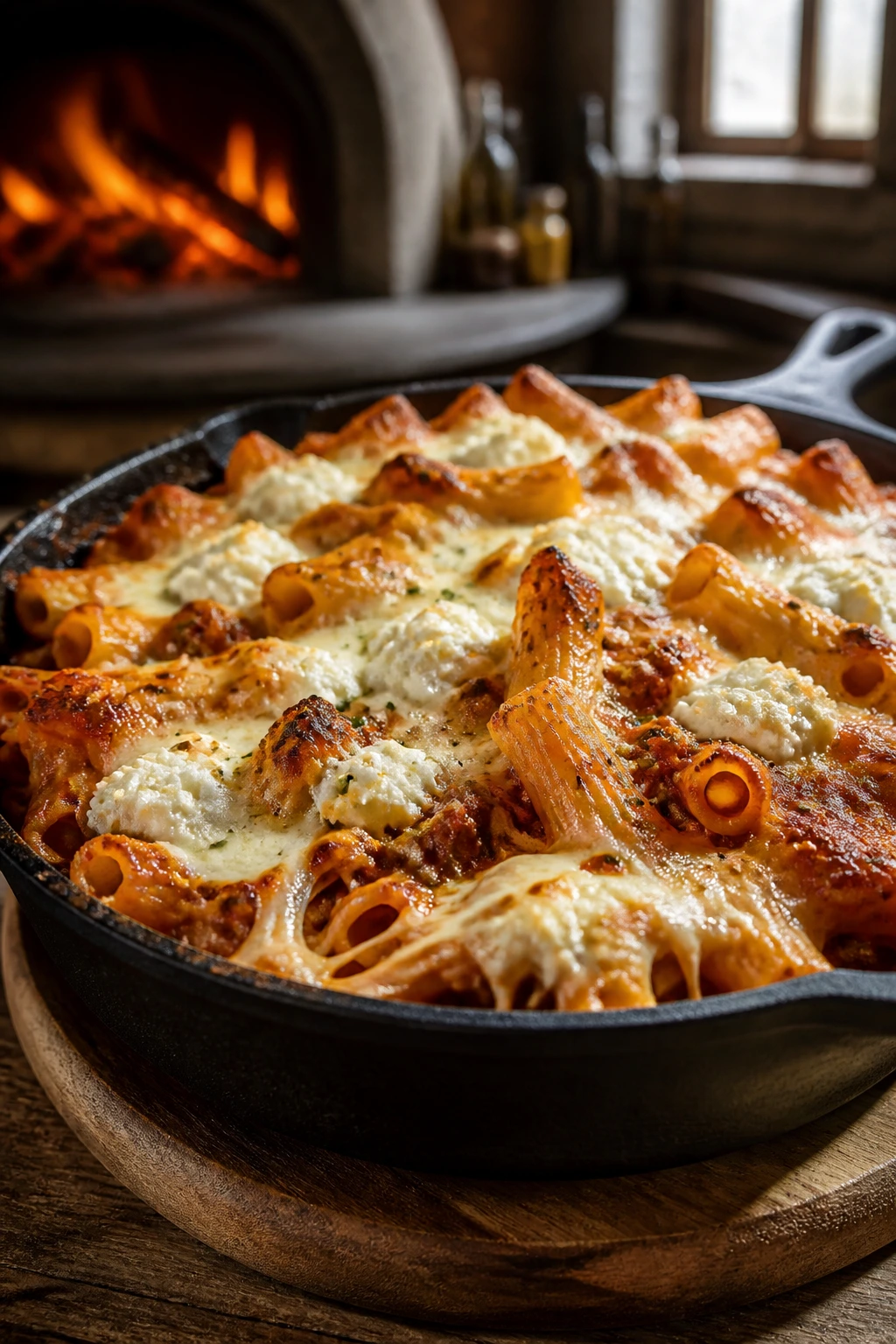 Close-up of bubbling baked ziti with mozzarella and ricotta in a cast iron skillet