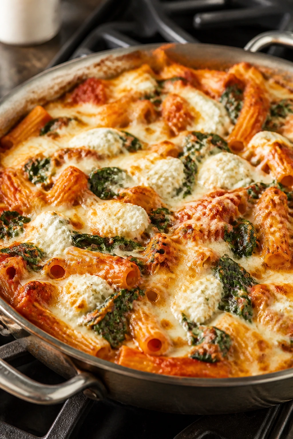 Skillet baked ziti with spinach and melted cheese