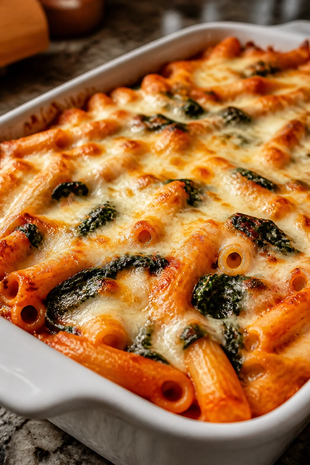 Baked ziti with spinach in a baking dish
