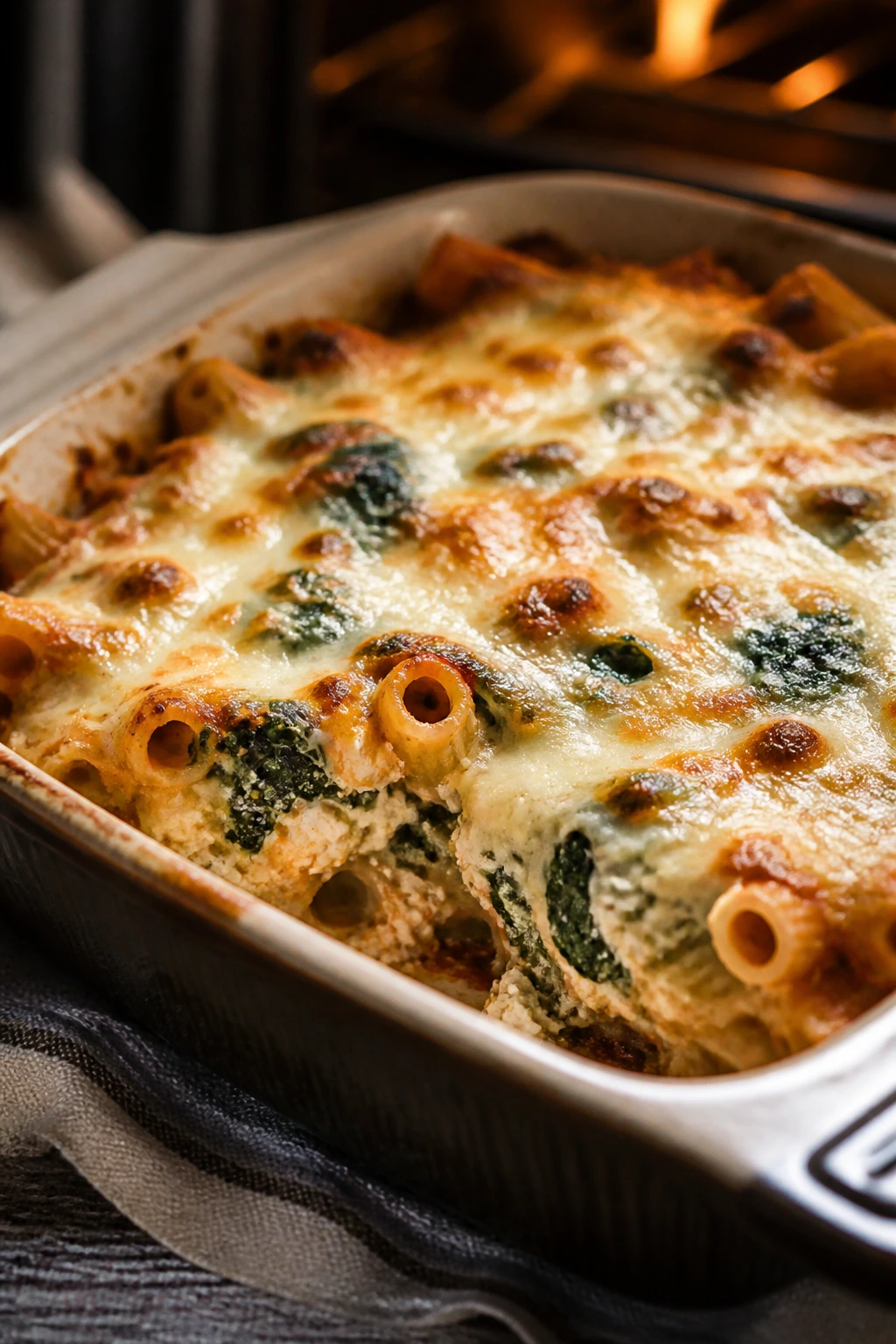 Baked ziti with spinach and ricotta and golden cheese crust