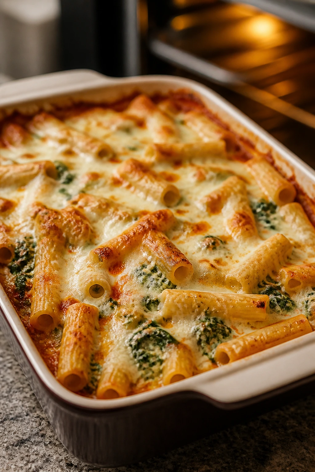 Bronzed baked ziti with spinach and ricotta, mozzarella on top