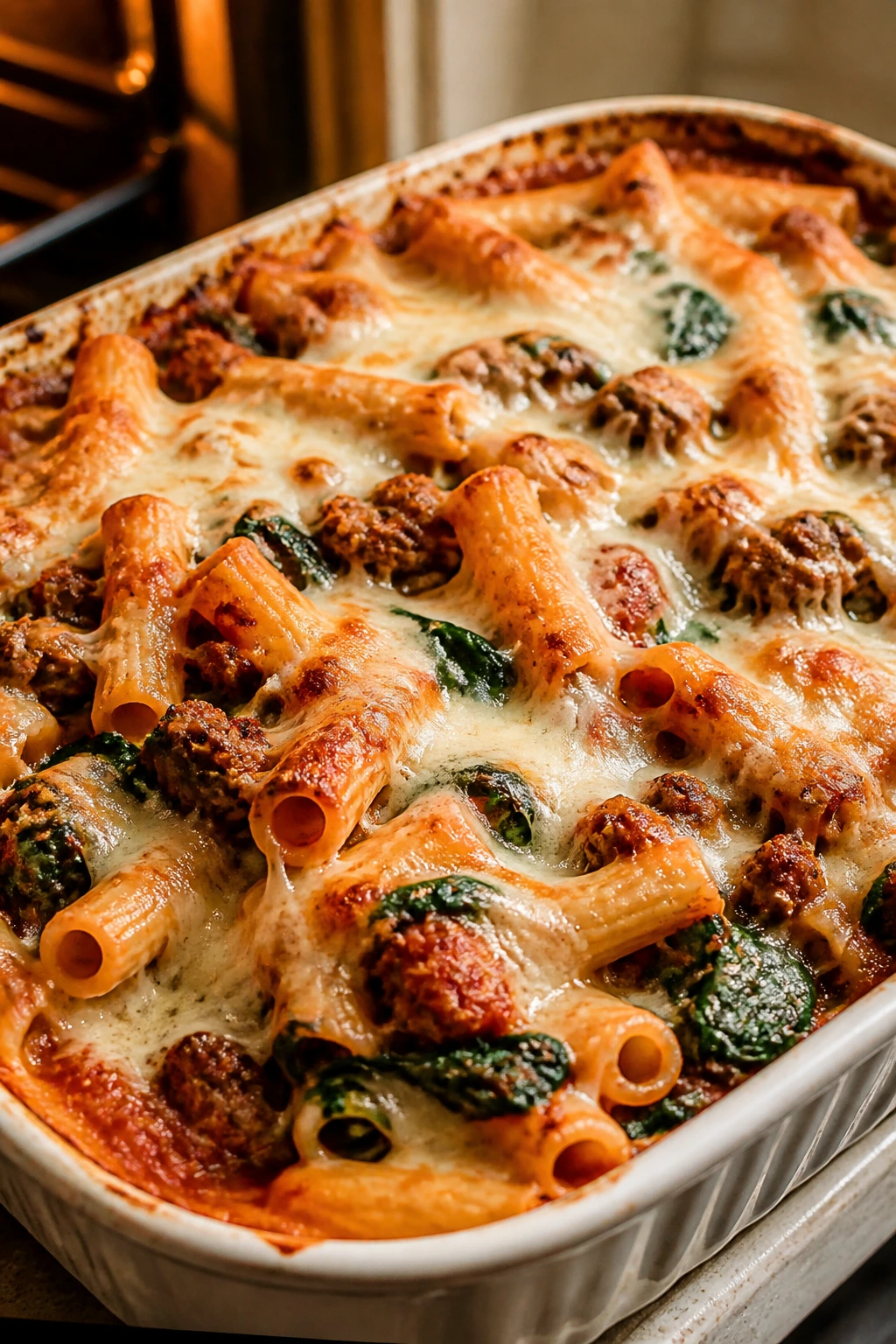 Baked ziti with spinach and sausage in a baking dish