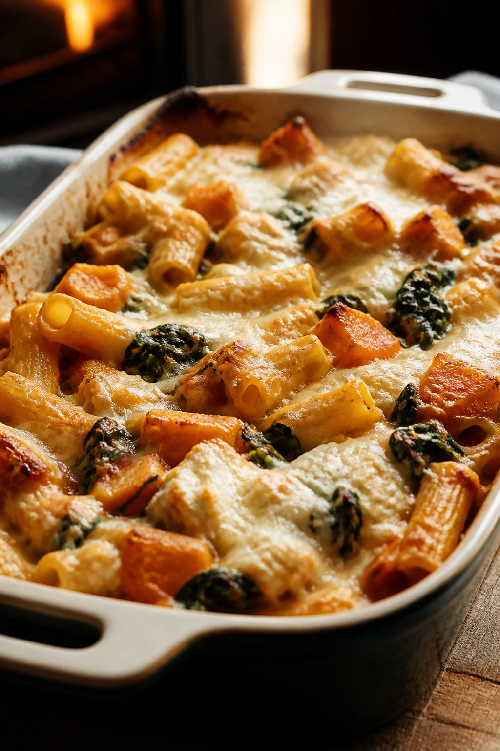 Bubbling baked ziti with spinach and squash in a ceramic dish