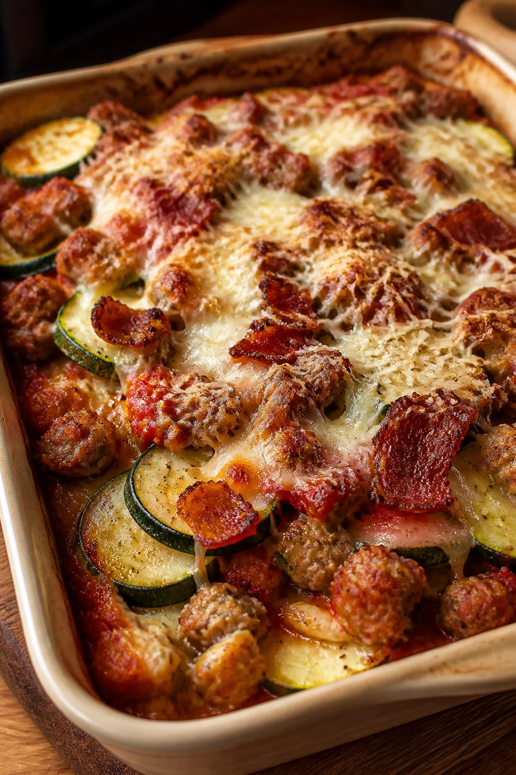 Close-up of layered zucchini bake with sausage and bacon in a baking dish