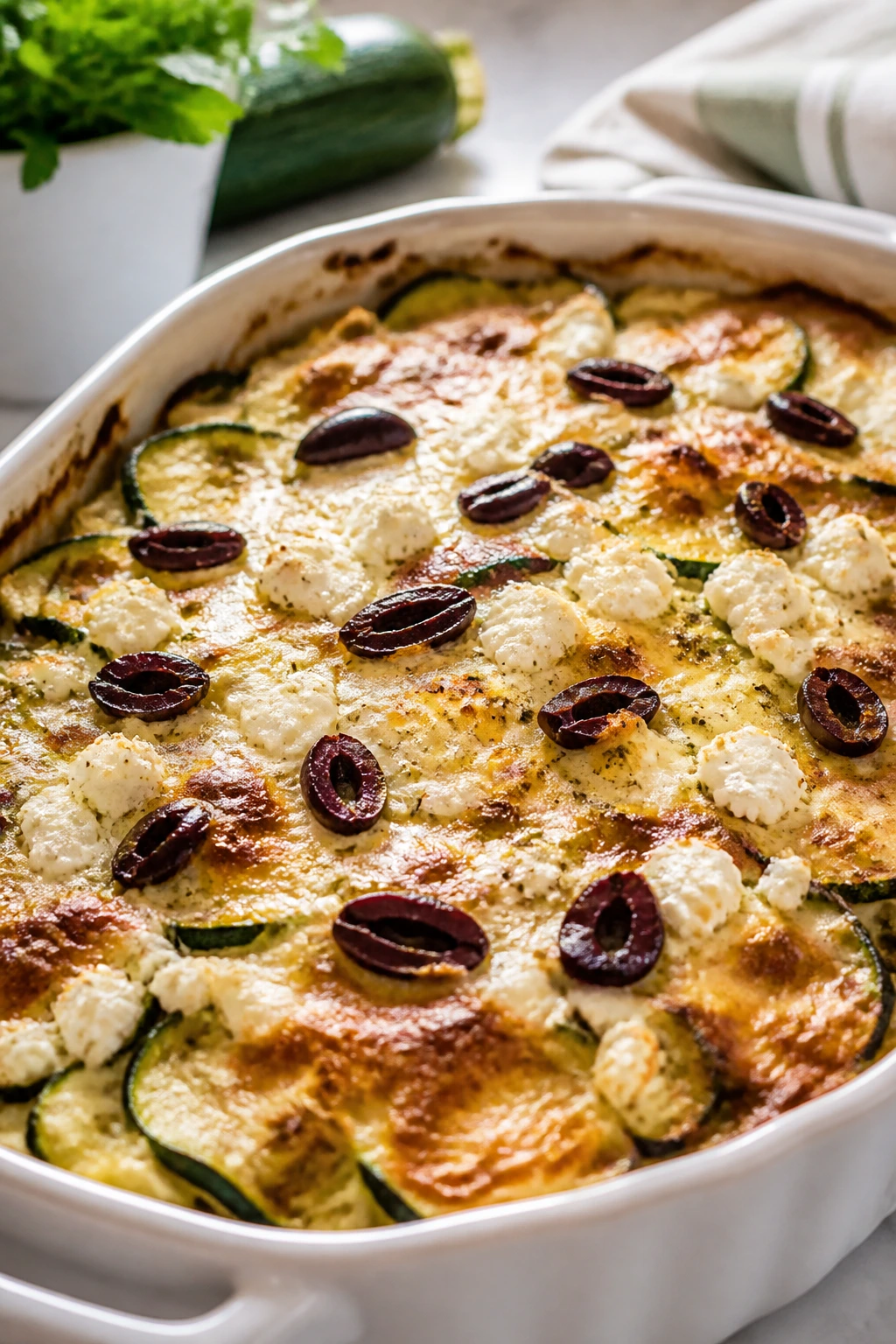 Zucchini bake with feta and olives topping