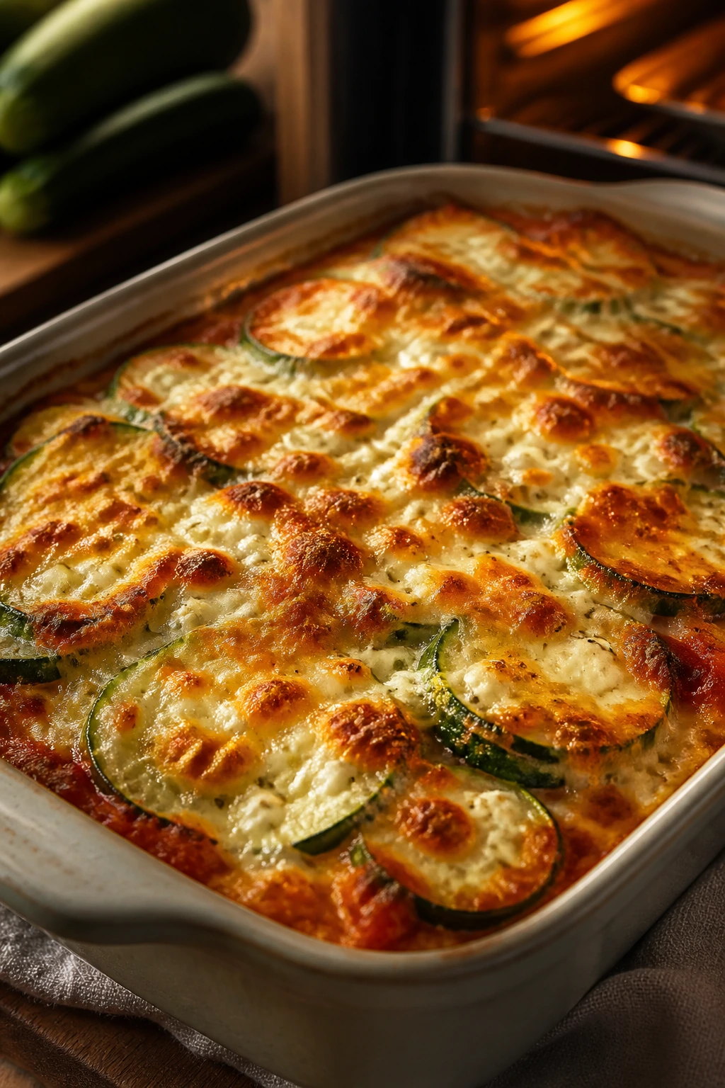 Close-up of a golden-brown zucchini bake top in a baking dish