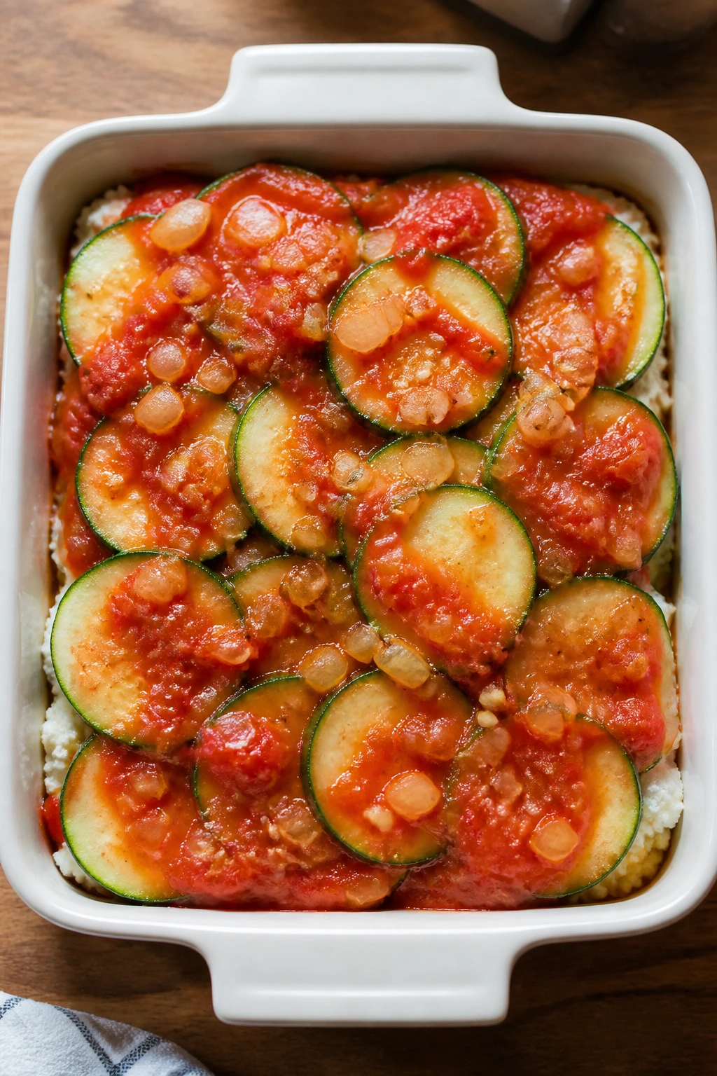 Top-down view of zucchini bake pan with layered components visible