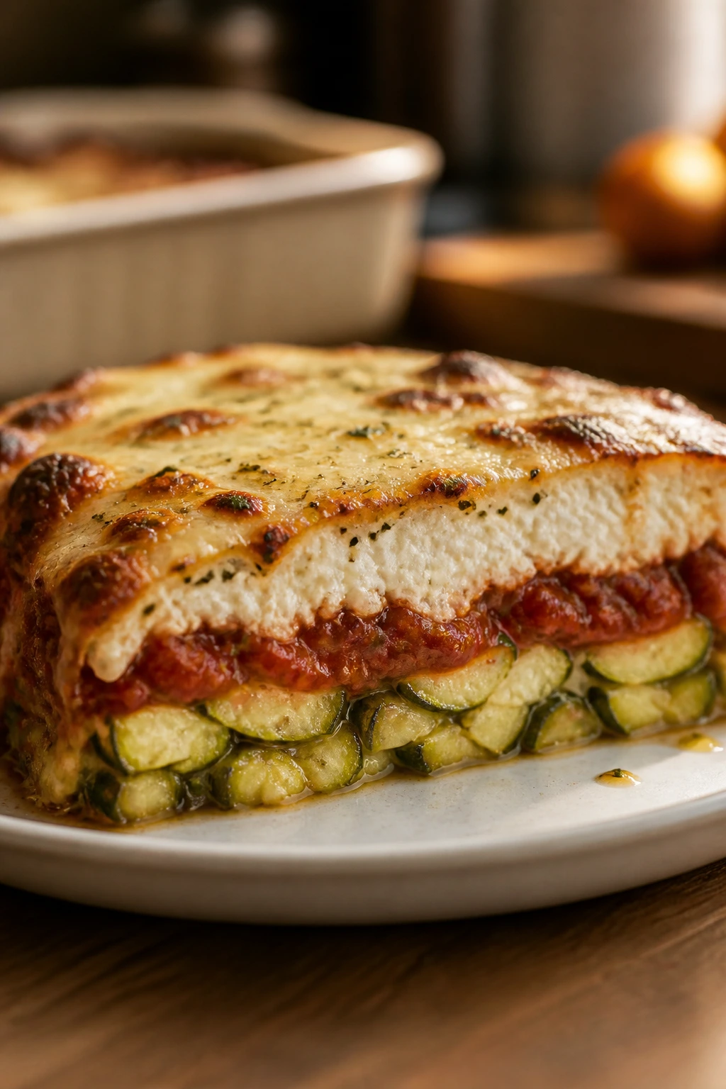 Cross-section of zucchini bake showing distinct layers