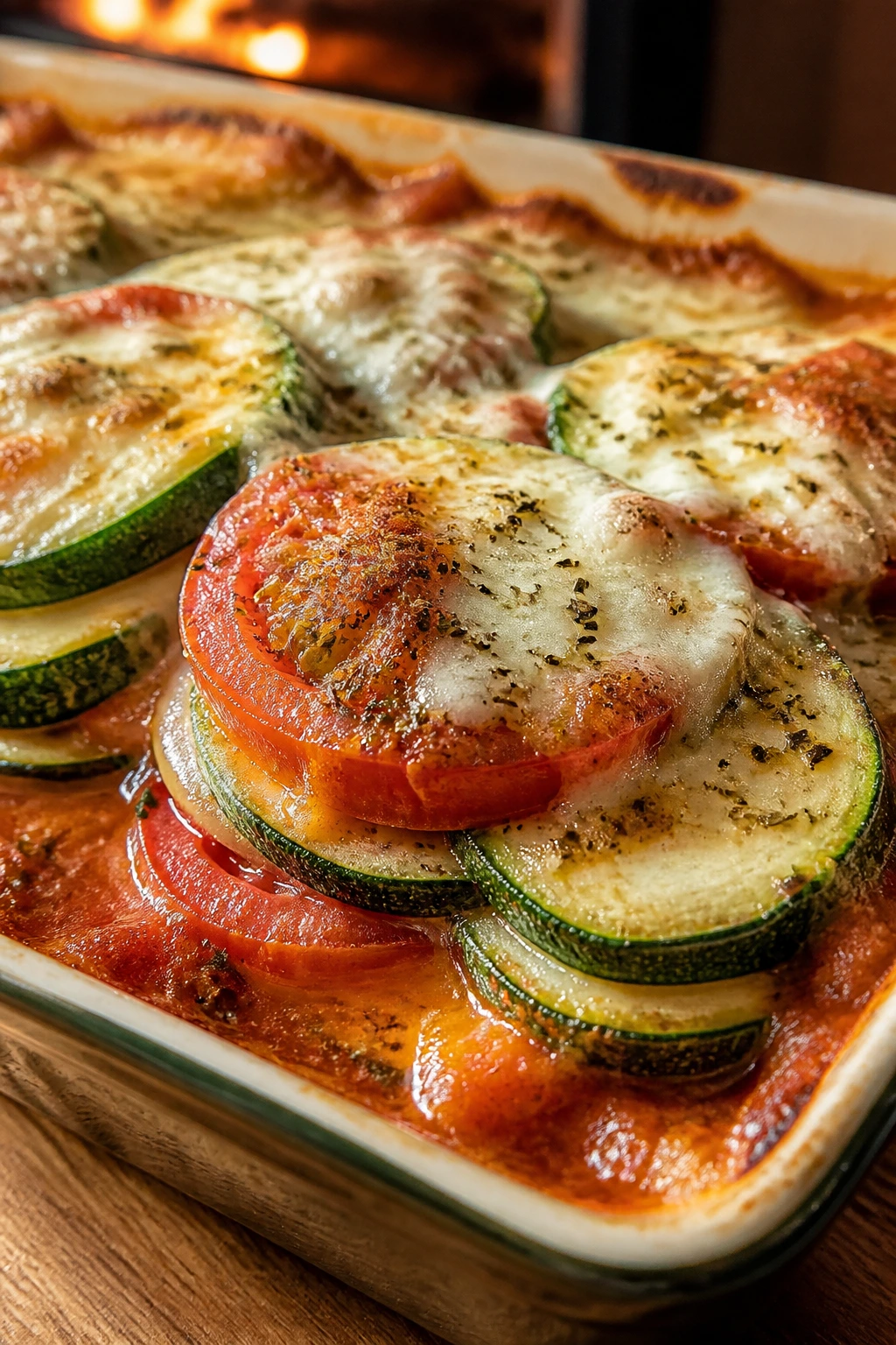 Baked zucchini tomato dish with melted mozzarella