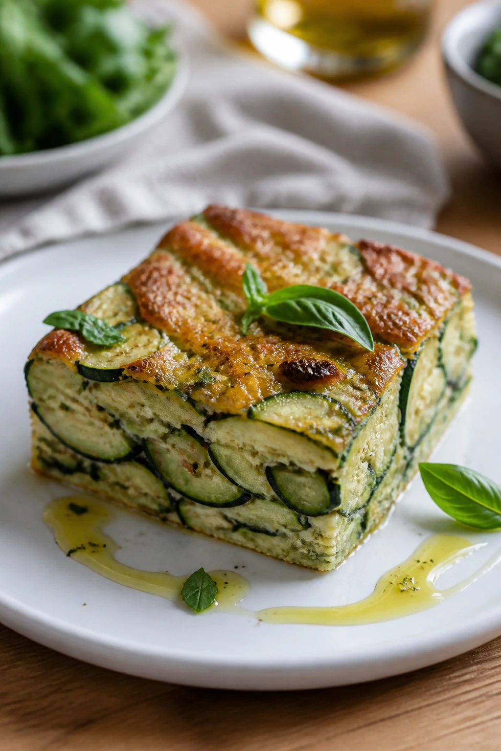 Plated zucchini bake square with basil on a white plate