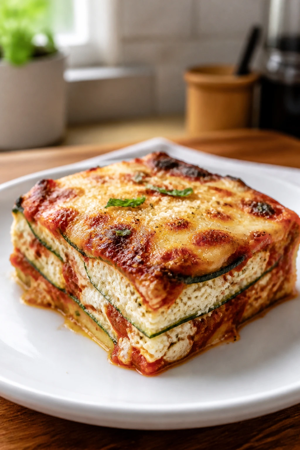 Close-up of zucchini bake square on plate with browned edges and visible tomato-ricotta layers