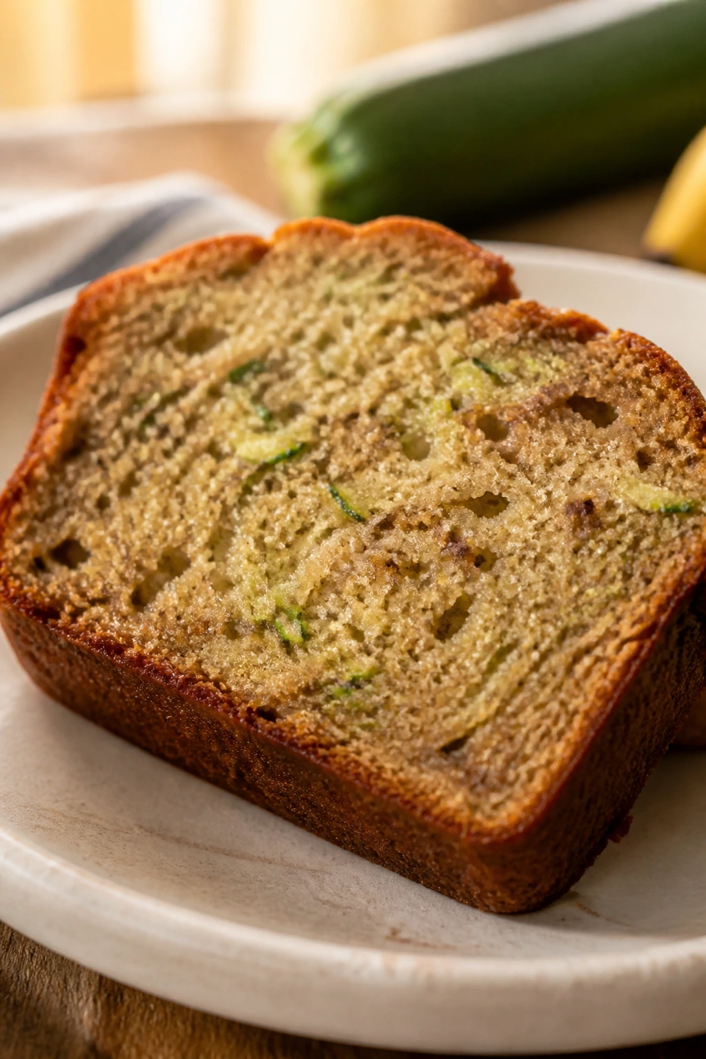Slice of zucchini banana bread on plate