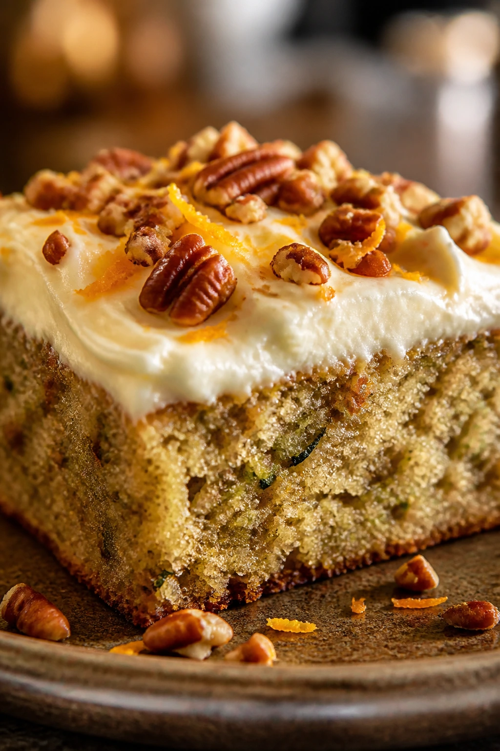 Zucchini bar with toasted pecans and orange zest on top