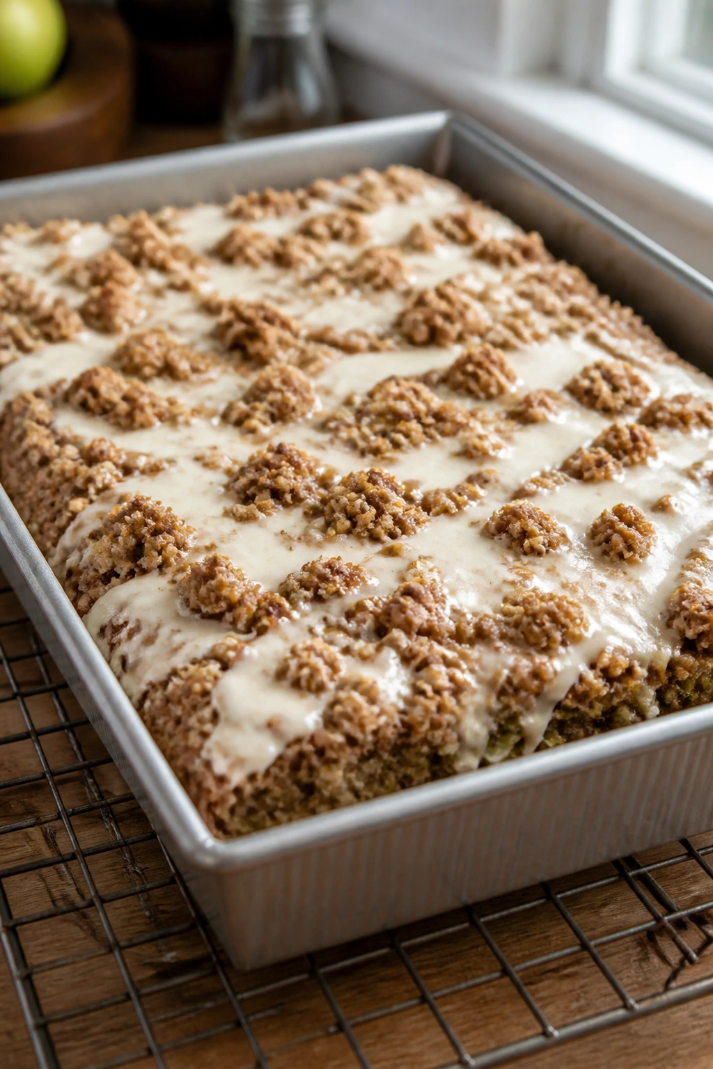 Pan of zucchini bars cooling on a rack with cinnamon-oat crumble and frosting setting