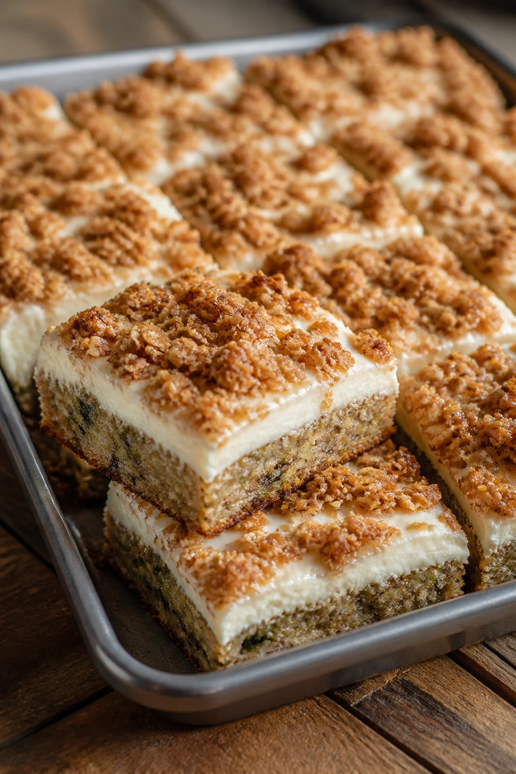Close-up of decadent zucchini bars with cream cheese frosting and cinnamon-oat crumble on a wooden counter
