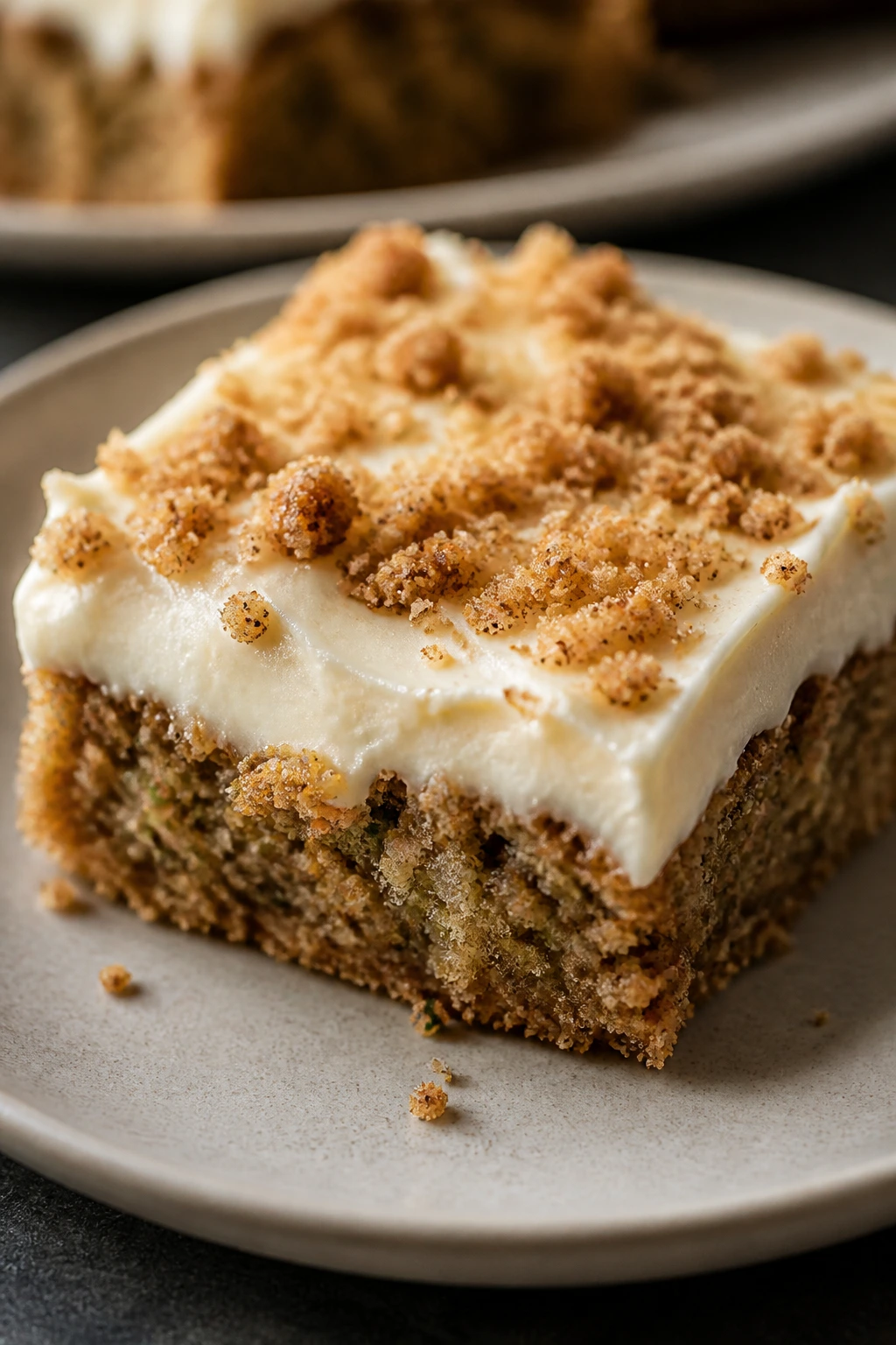 Plate of zucchini bar with streusel and frosting