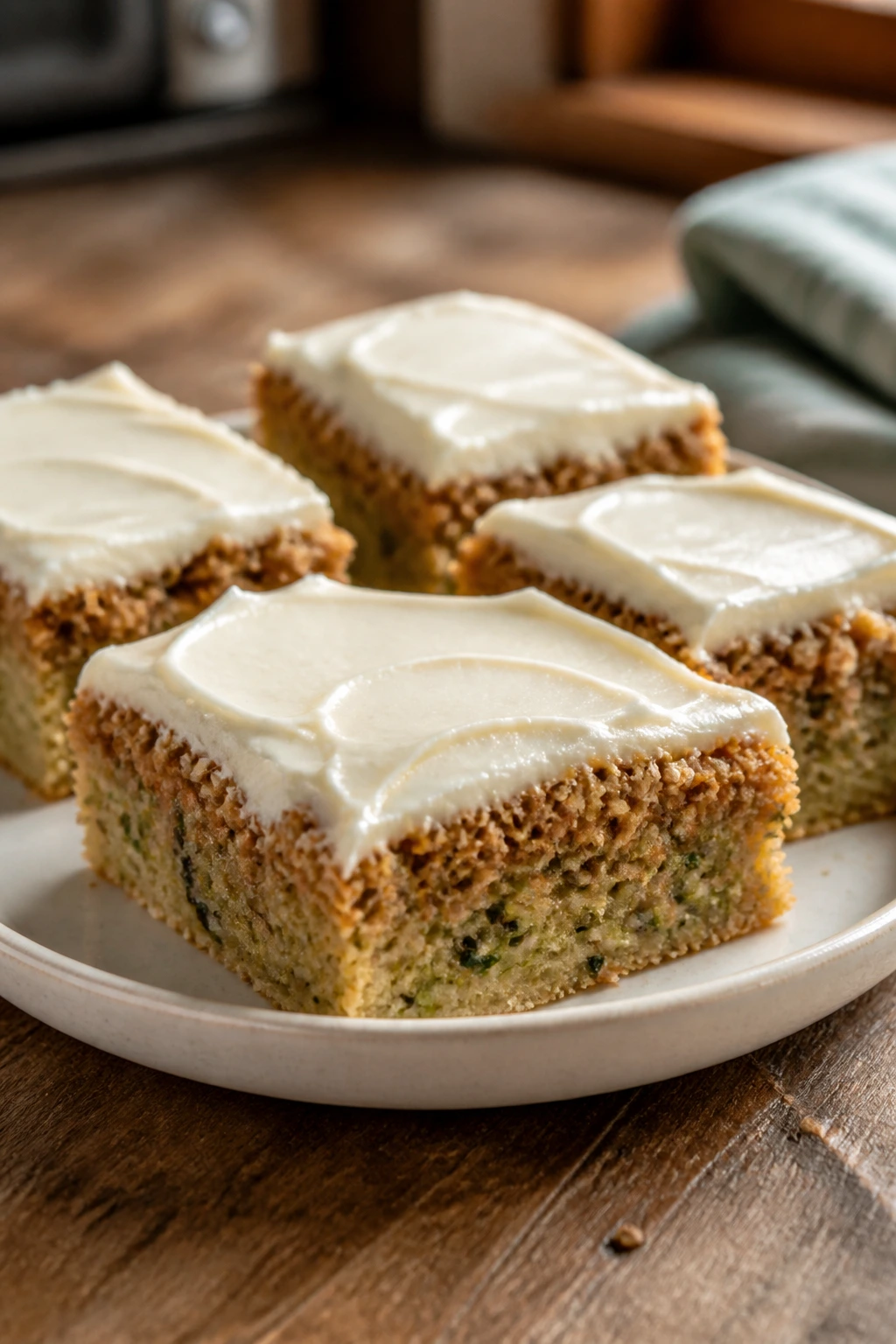 Close-up of neatly frosted zucchini bars on a plate with oat edges