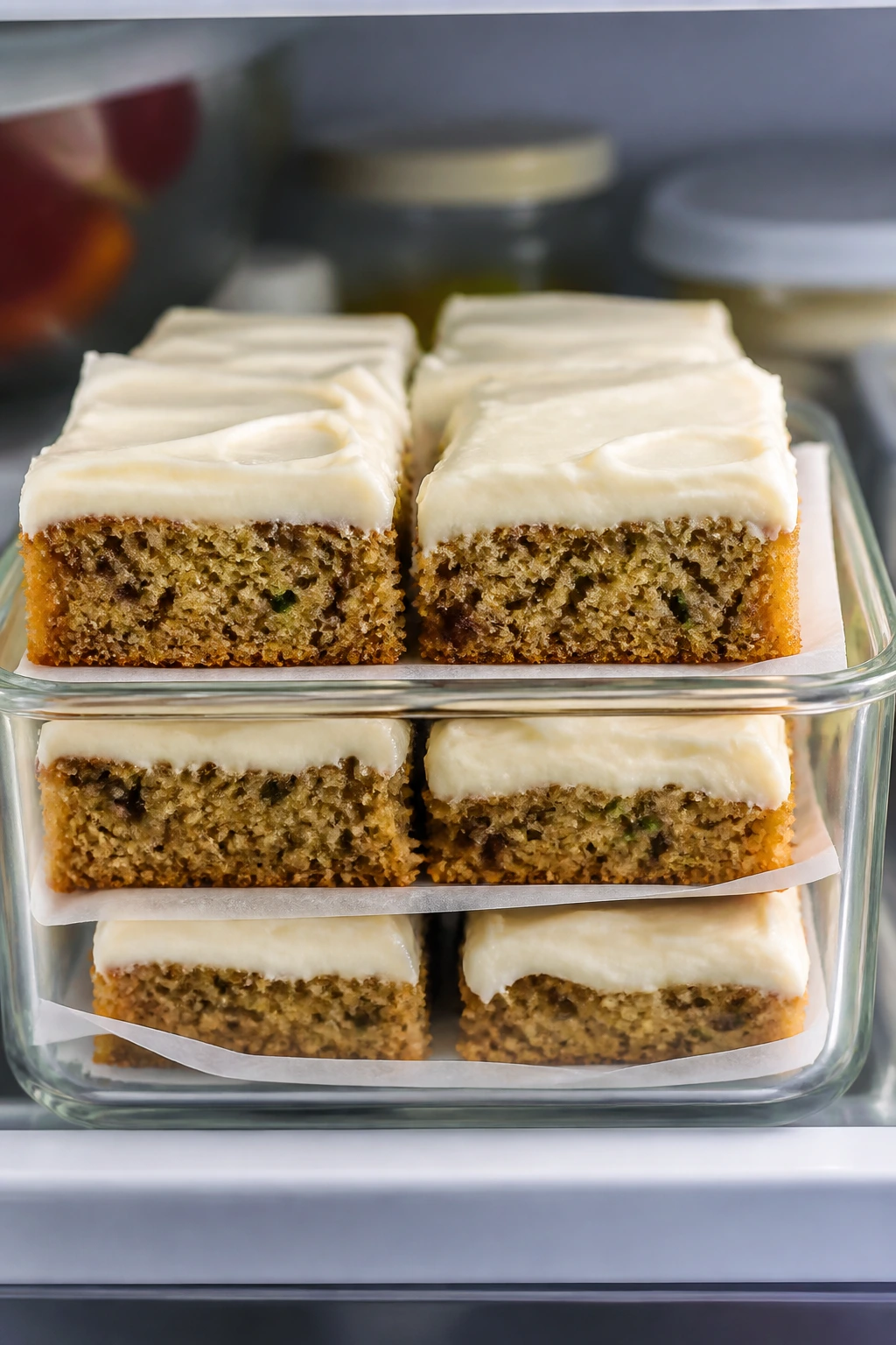 Frosted zucchini bars stacked in glass container for freshness