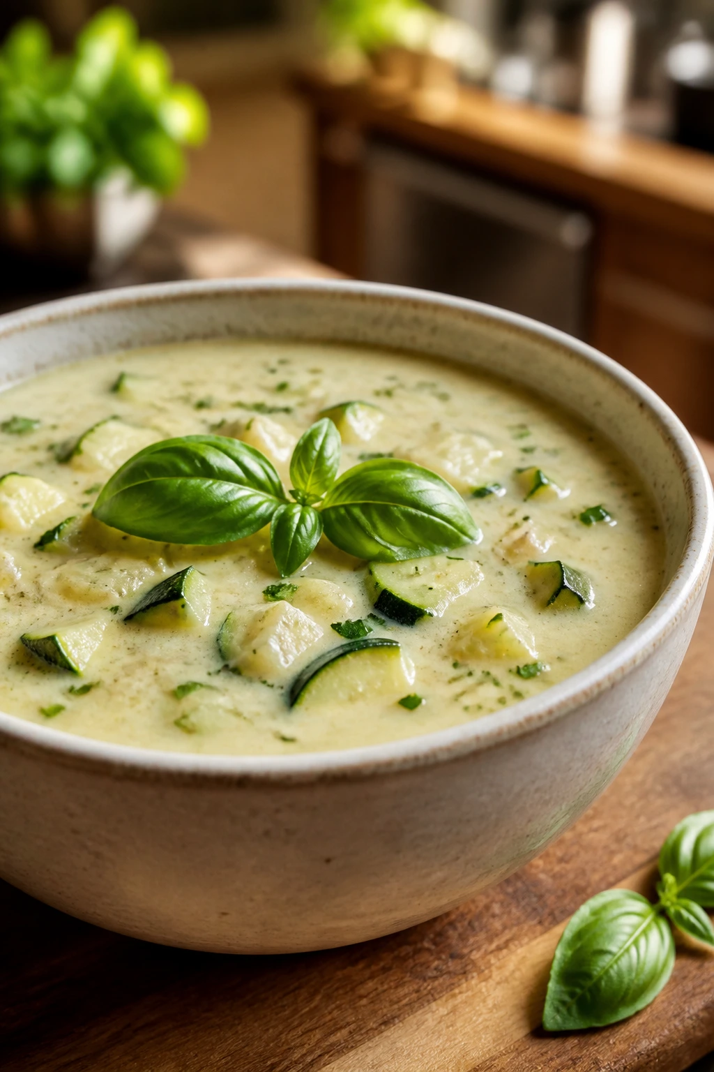 Creamy zucchini basil chowder in a bowl with zucchini and basil garnish