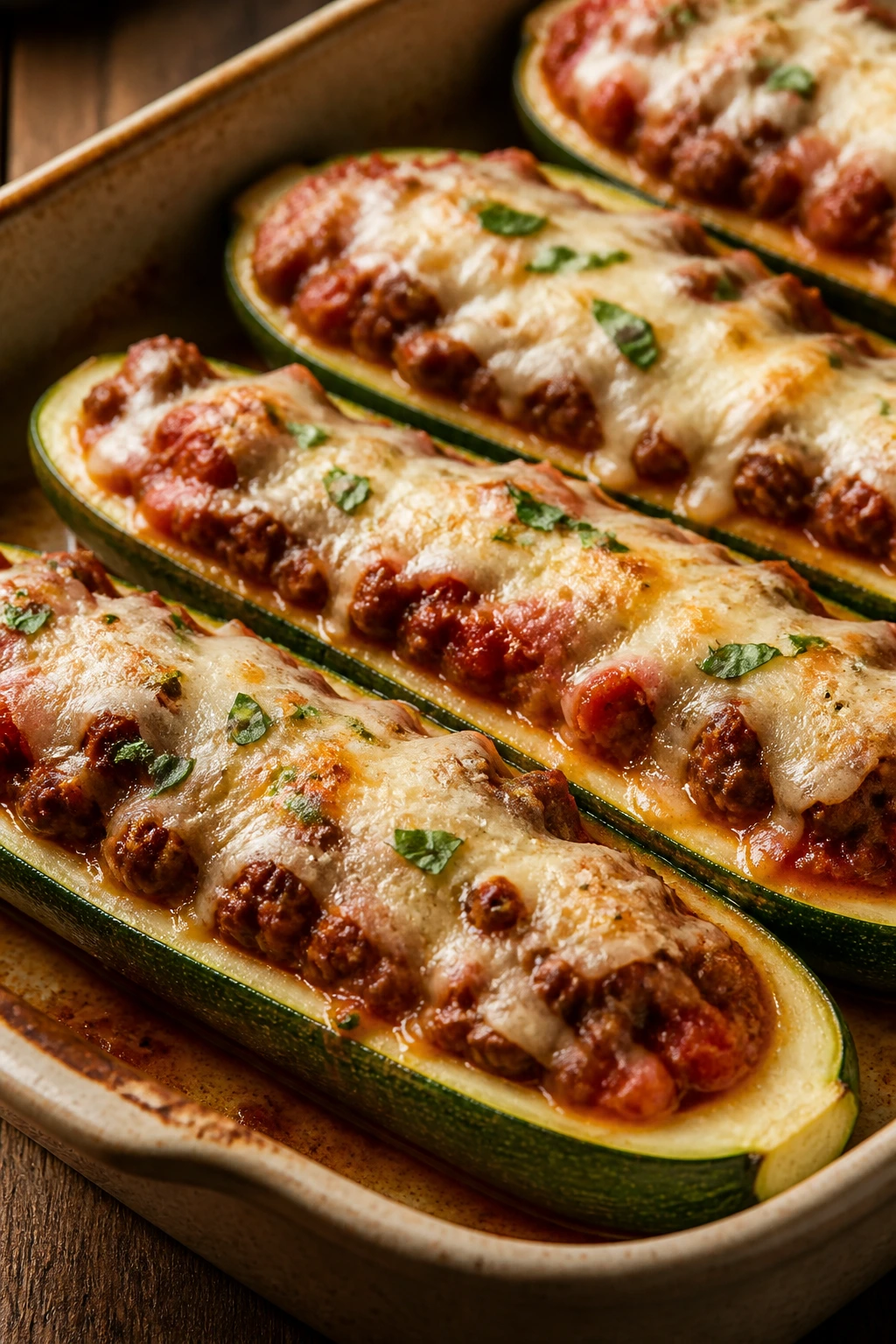 Close-up of zucchini boats stuffed with beef and marinara in a rustic baking dish