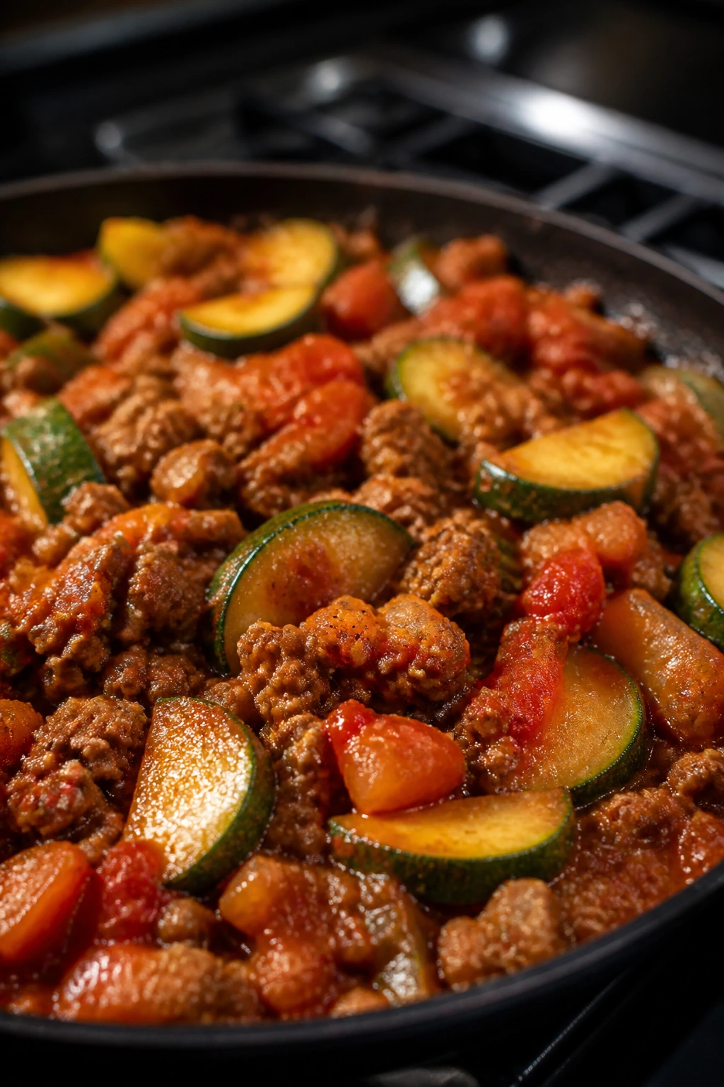 Close-up of beef skillet with zucchini and tomato sauce