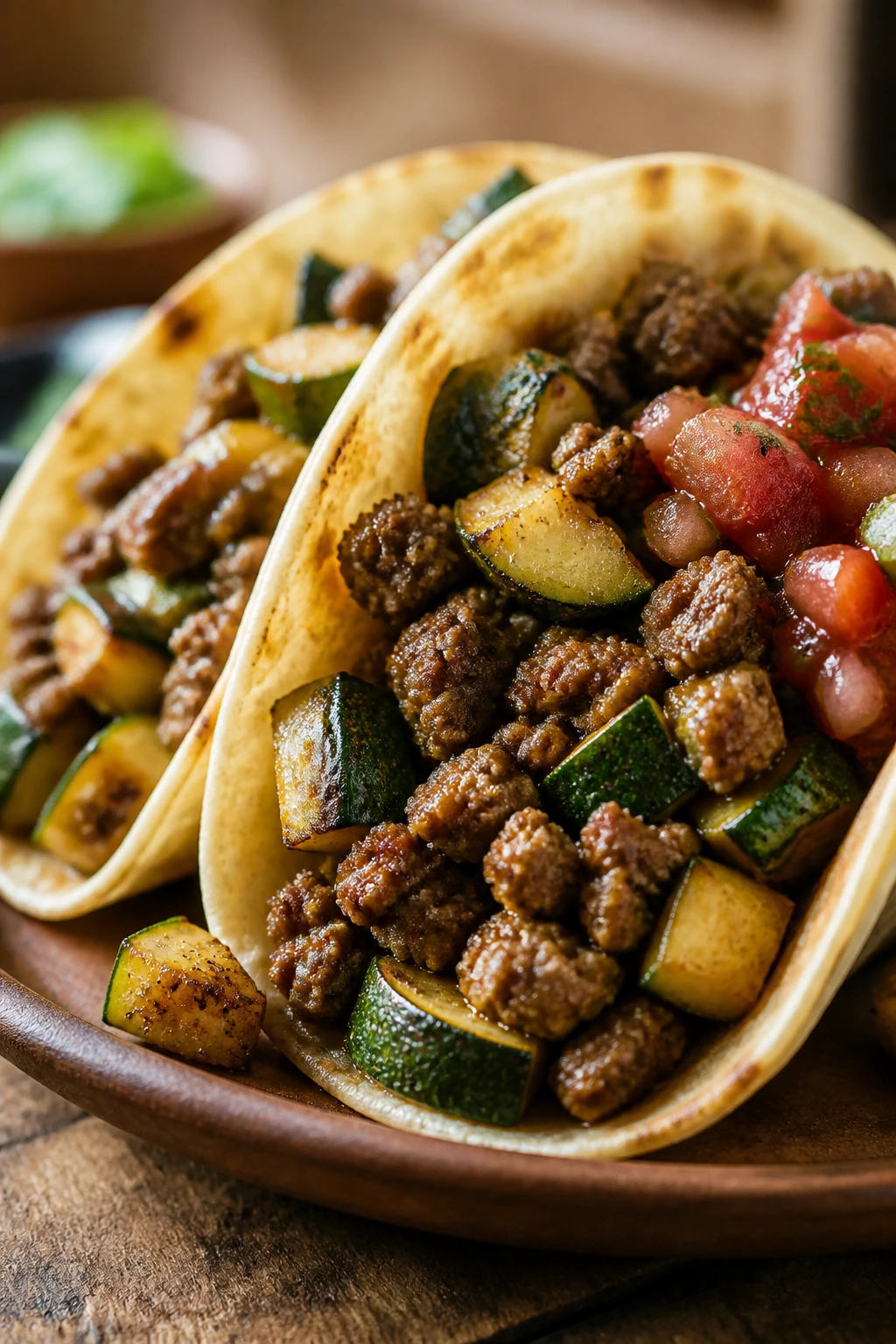 Close-up zucchini beef taco with beef and zucchini filling