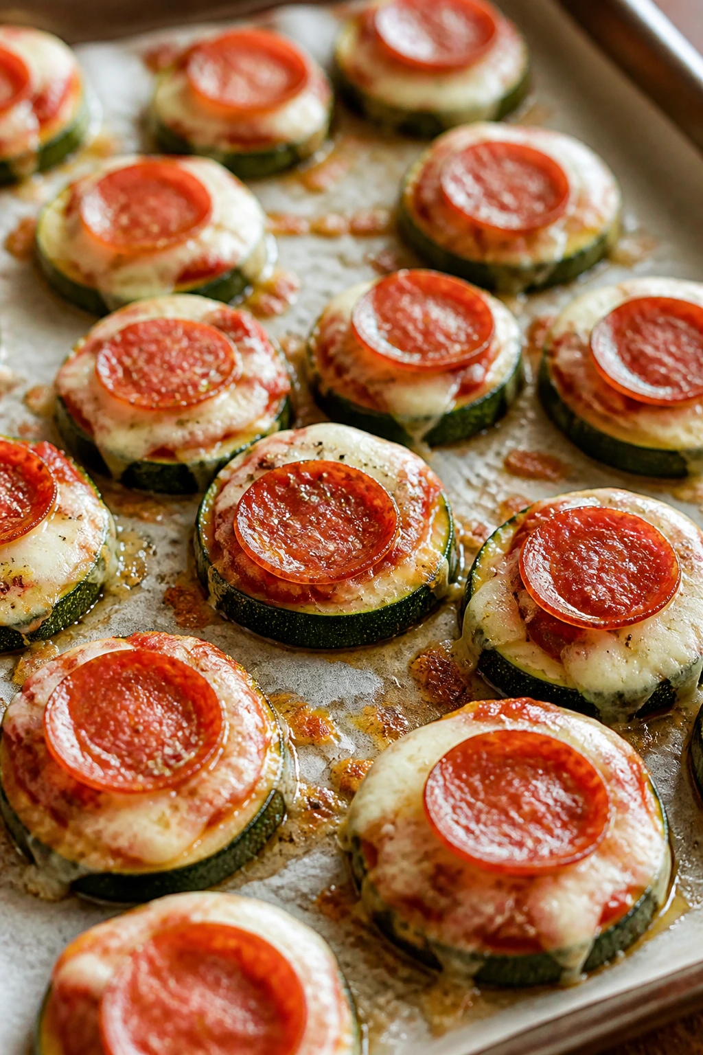 Close-up of zucchini pizza bites with cheese and pepperoni on a tray in a kitchen.