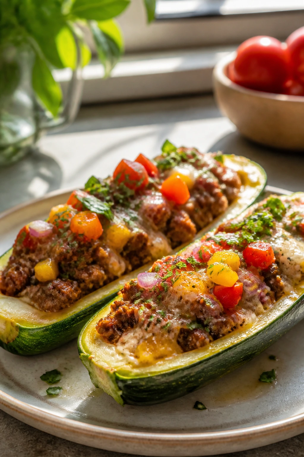 Stuffed zucchini boat with toppings on a kitchen counter