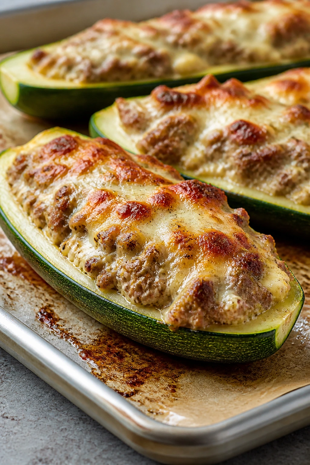 Zucchini boat filled with beef and cottage cheese