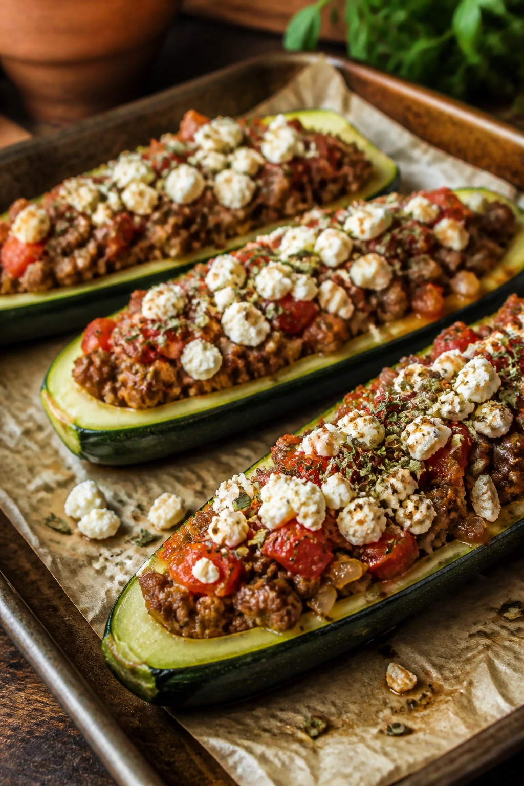 Stuffed zucchini boats with beef and feta
