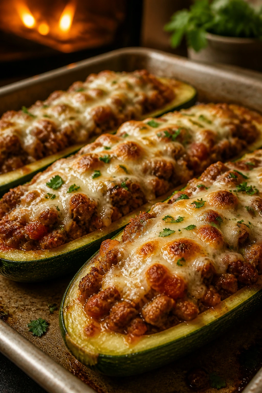 Beef stuffed zucchini boats with melted mozzarella
