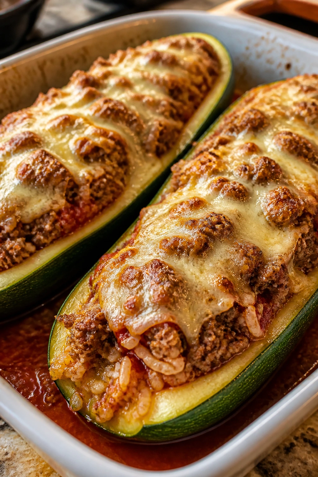 Two stuffed zucchini boats with beef and rice filling