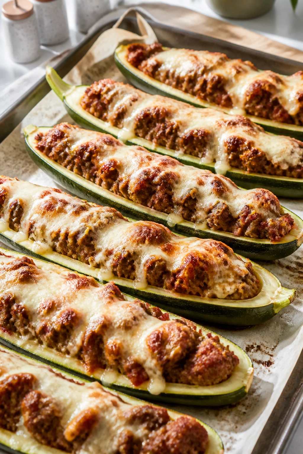Zucchini boats stuffed with beef sausage and cheese on a baking sheet