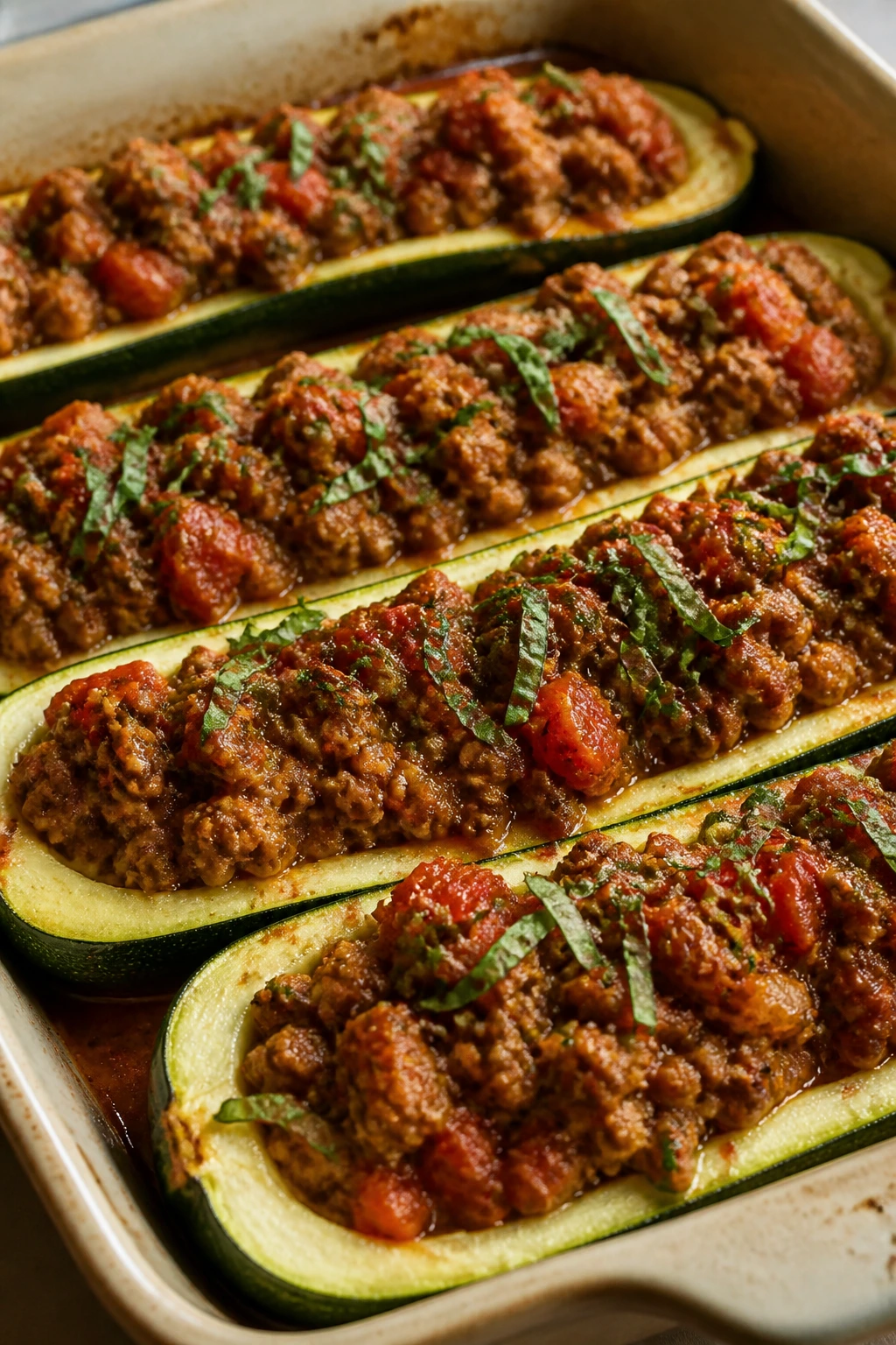 Zucchini boats with tomato-basil beef