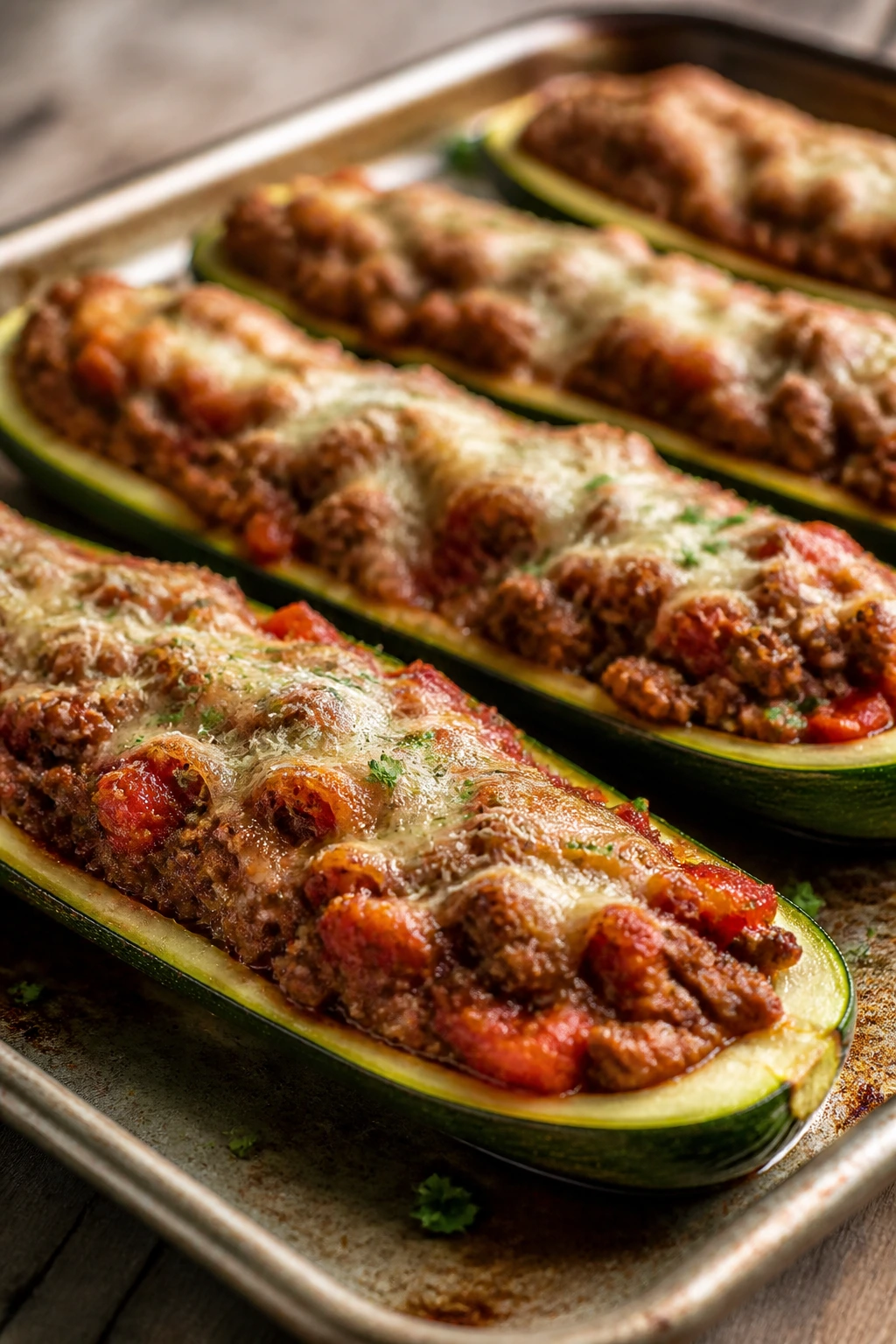 Zucchini boats filled with tomato beef and Parmesan