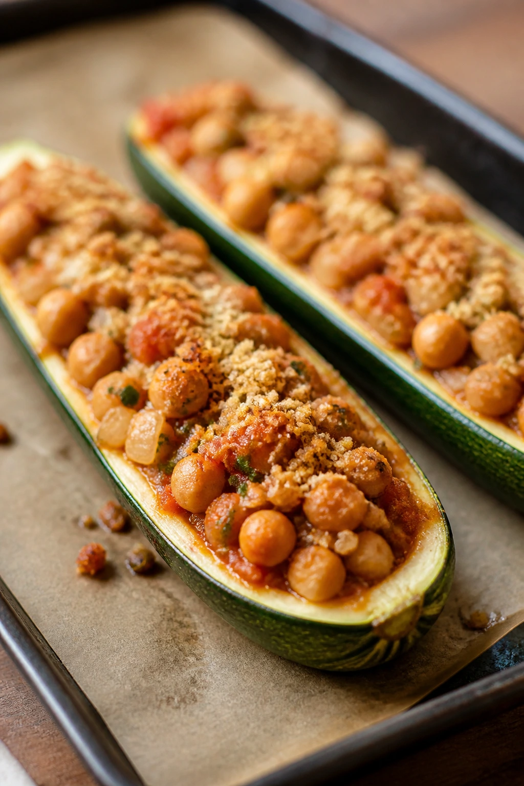 Close-up of zucchini boats stuffed with chickpea filling