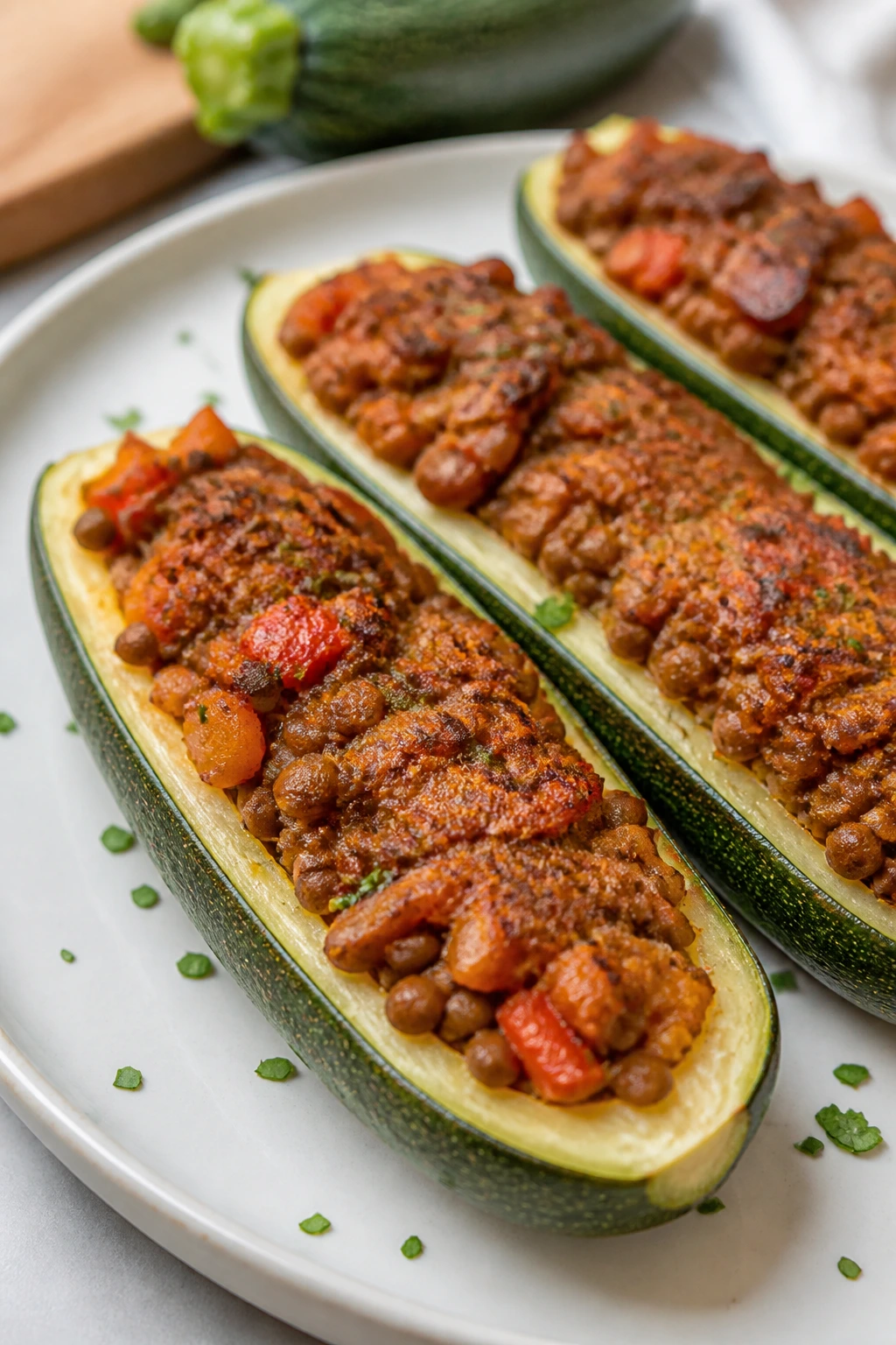 Close-up of stuffed zucchini boats with lentil filling on a plate