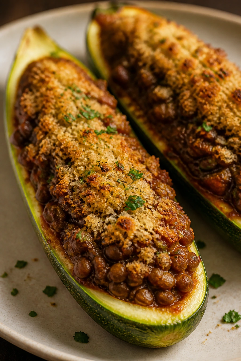 Close-up of zucchini boats filled with lentils and breadcrumbs on plate